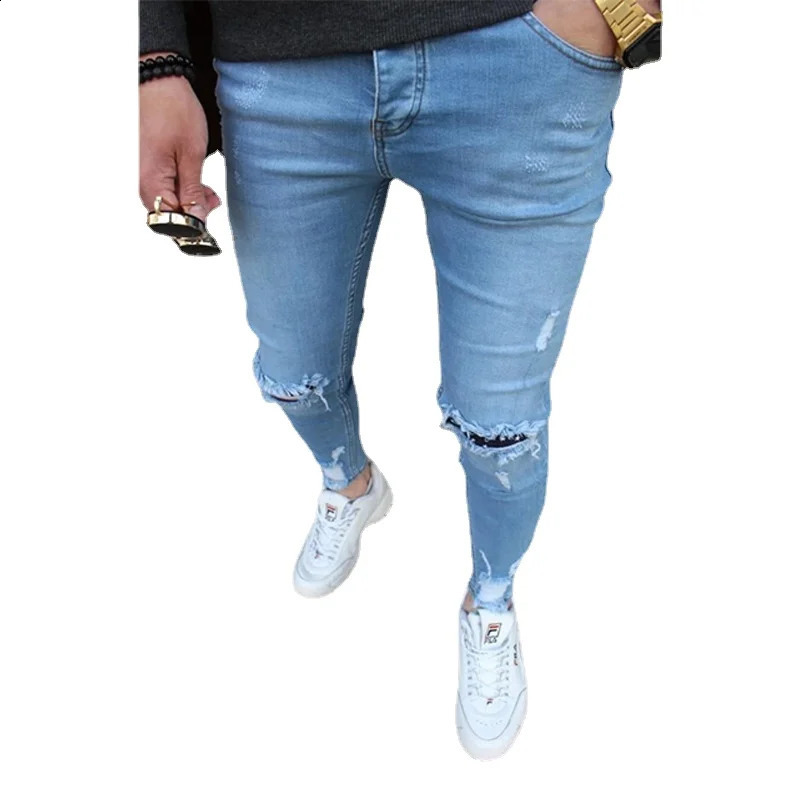Mens Jeans Slim Pants Holes Denim Casual Trousers Trend Skinny for Men Fashion Pencil Clothing 240826Z