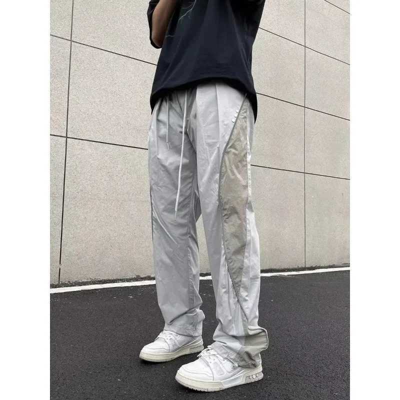Men's Pants American Style Vintage Color Blocking Nylon Cargo Pants High Strt Fog Wind Loose Fit Straight Leg Sport Strt Dance Trousers Y240830T5