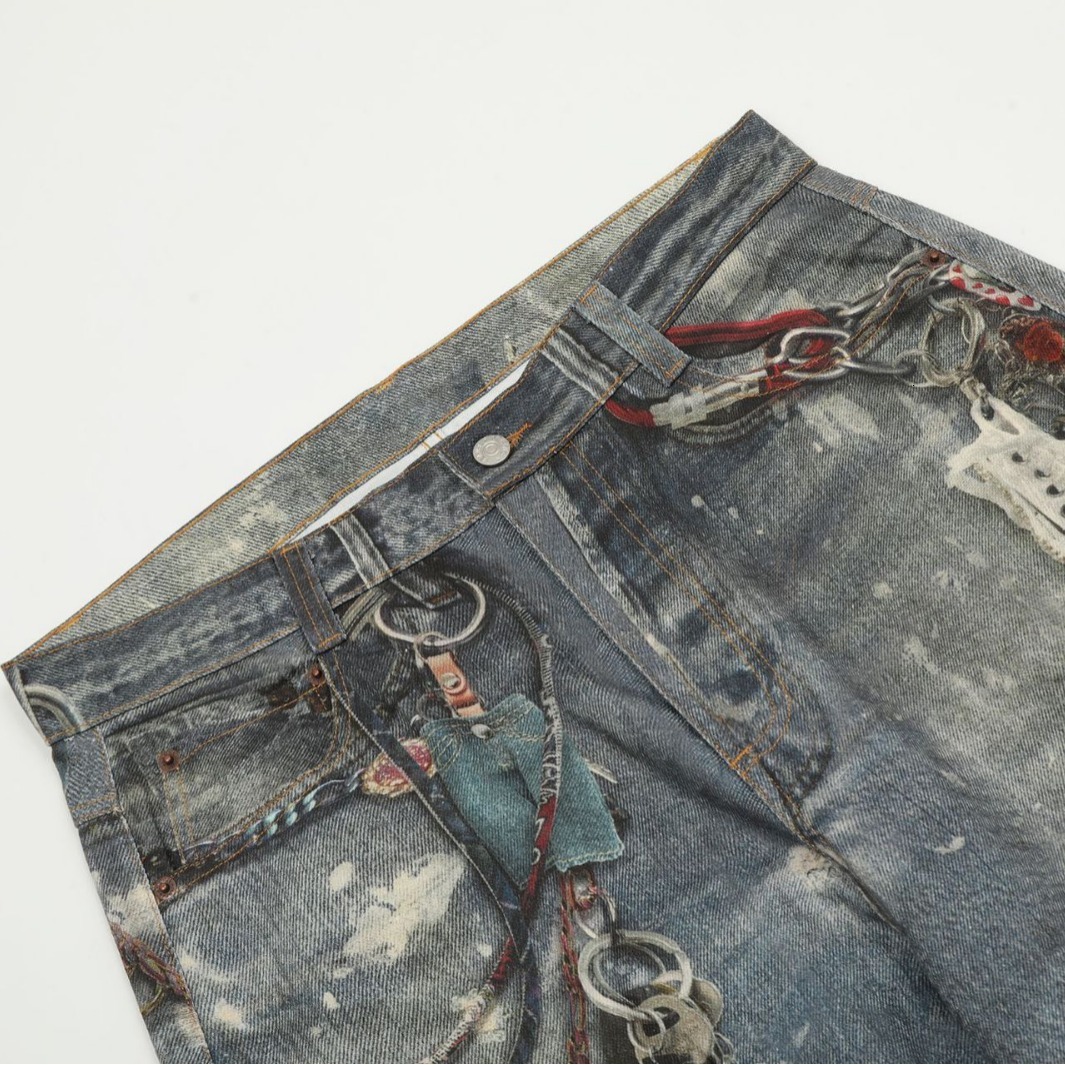 3d Printed Chain Made Old Jeans for Men Autumn Street Rascal Handsome Wasteland Style Splashing Ink Wide Legs New Style