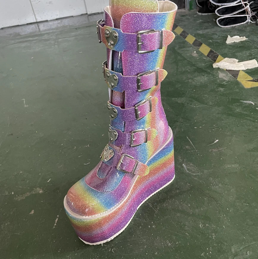 2024Brand Fashion Gothic Street Cool Wedges Woman Shoes Buckles Big Size 43 Glittered Pink Chunky Platform Motorcycles Boots