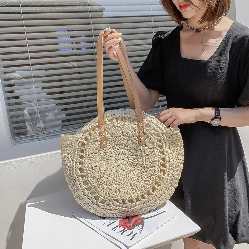 Summer round straw bag womens Rattan shoulder travel handmade beach handbag large capacity 240830