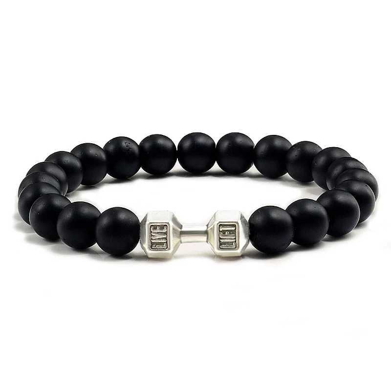 High quality mens bead bracelet natural black fused rock dumbbell charm bracelet energy fitness barbell fashionable womens jewelry W240830