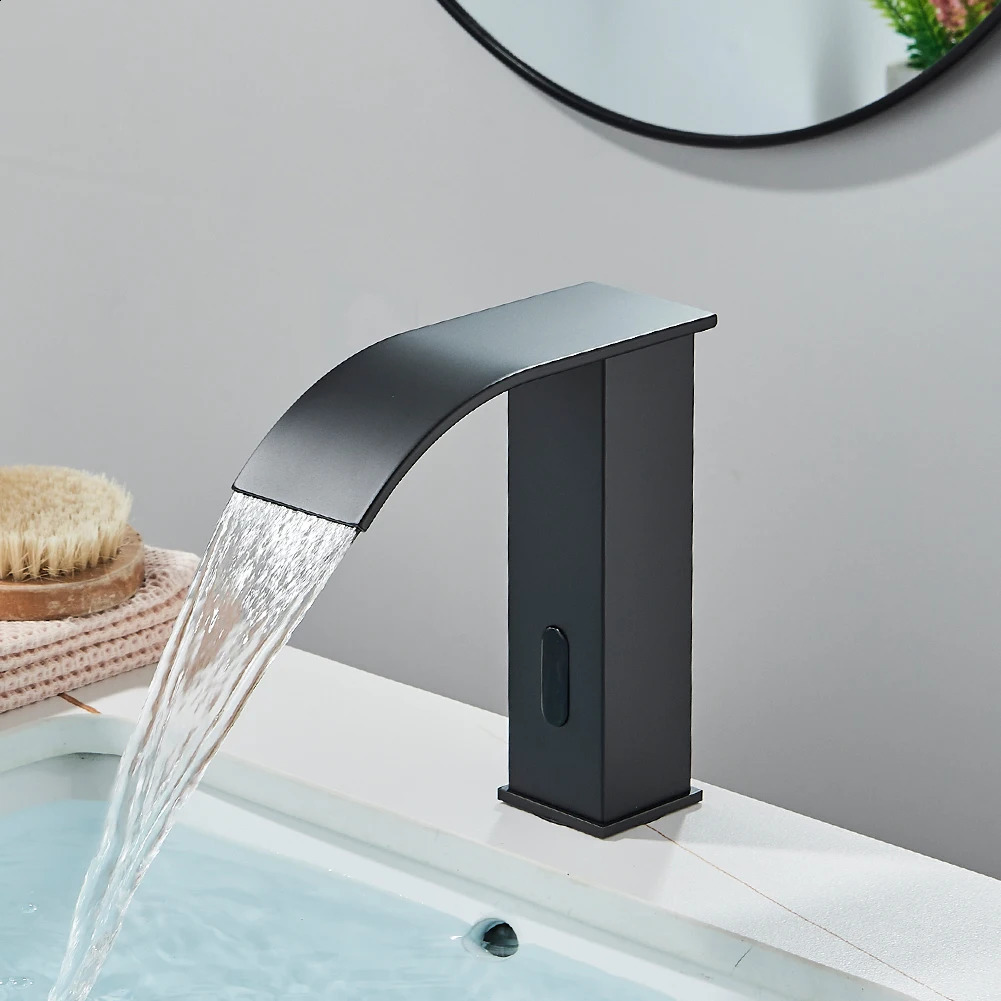 Rozin Black Intelligent Sensor Bathroom Basin Faucet Touchless Automatic Blender Waterfall and Cold Water Crane 240830