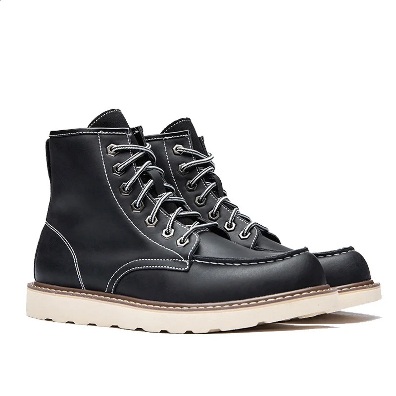 Vintage British Casual Men Shoes Handmade Autumn Winter Snow Plush Warm Ankle Boots Wings Round Toe Motorcycle Boots Cow Leather 240830