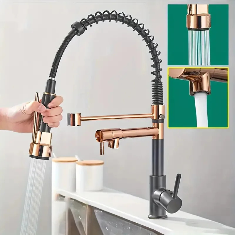 1 spring kitchen faucet type dual outlet and cold sink vegetable cleaning basin rotating rose gold water 240830
