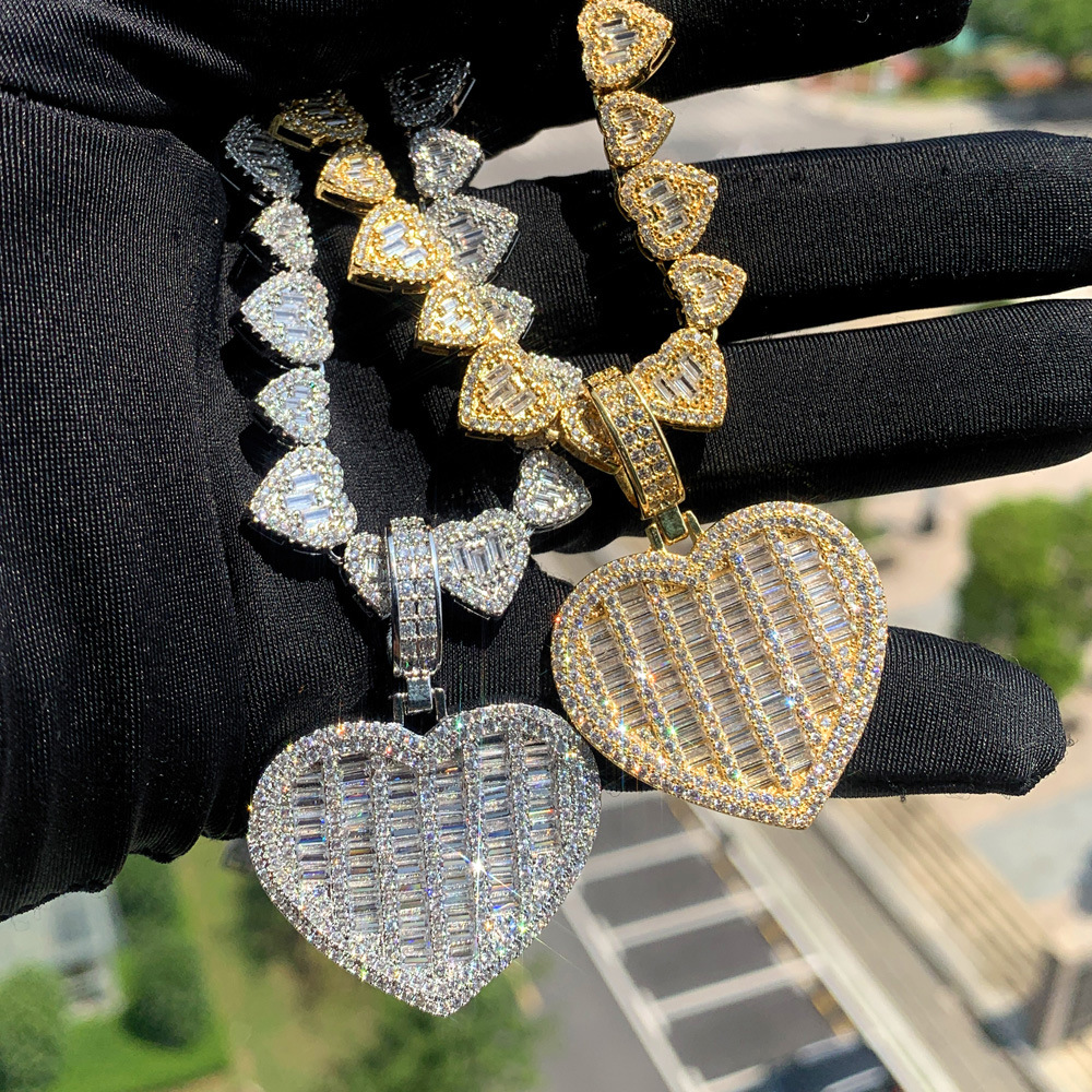 Hip Hop Heart Shape Pendant Necklace with Heart Shape Chain Gold Plated Jewelry