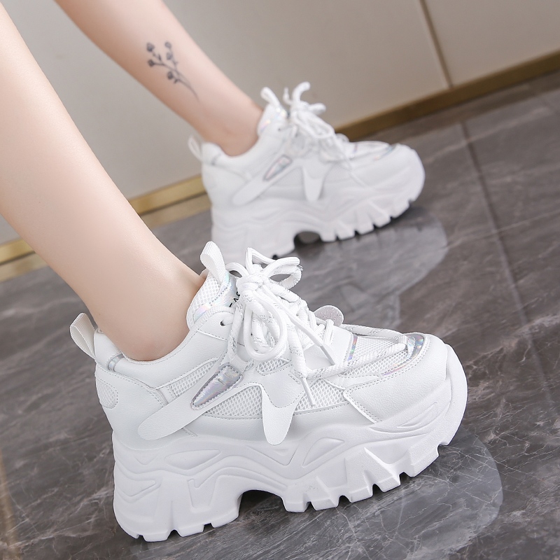 Women's Fashion White Chunky Sneakers Thick Bottom Lace Up Vulcanized Shoes Woman Non Slip Platform Sports Shoes for Lady