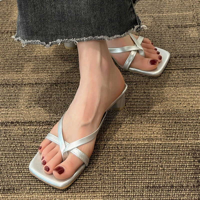 2025 new Sier Gold Clip Middle Heels Women Fashion Pu Leather Square Toe Slides Woman Summer 2023 Thick Heel Sandals Female 04f9