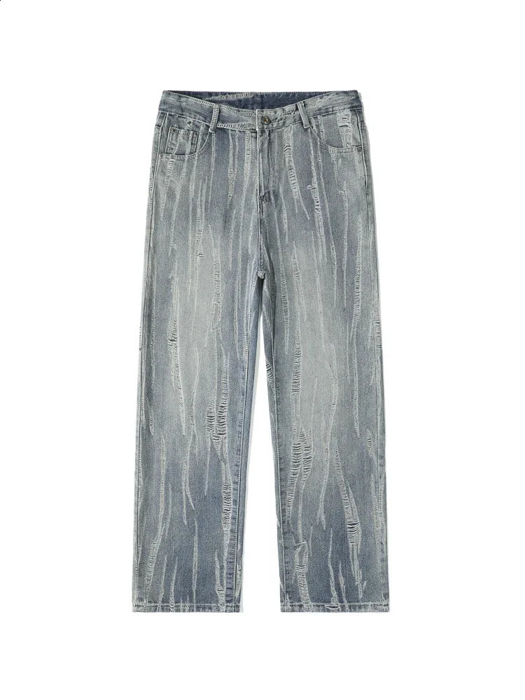 Mens Ripped Jeans Streetwear Vintage Straight Baggy Pants Casual Hole Wide Frayed Fashion Denim Trousers Male Clothes 240826Z