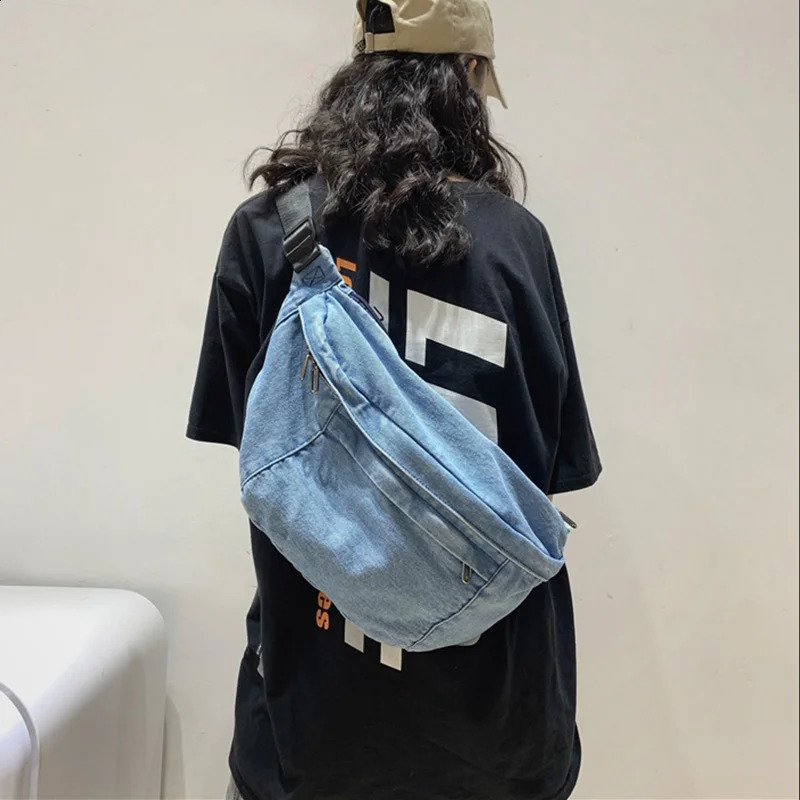 High quality Denim Waist Bag College Style Crossbody Chest Pack Casual Street Fanny Unisex Shoulder Teenager Bags 240830Z