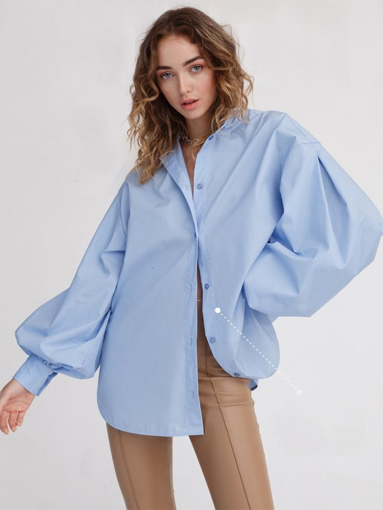 Lantern Sleeve Solid Color Shirt Spring/summer Temperament Versatile Commuting Loose Round Neck Shirt for Ladies