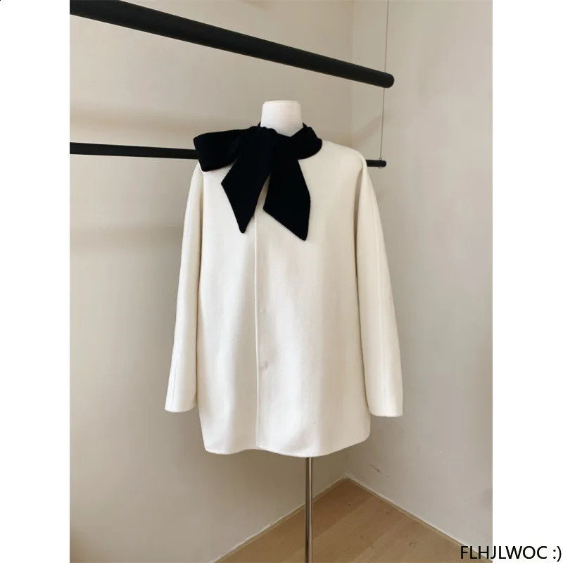 Cute Long Coat Robe Outerwear Retro Vintage Preppy Chic Korea Japan Style Woolen Blends Bow Tie Coats Winter Spring 240830