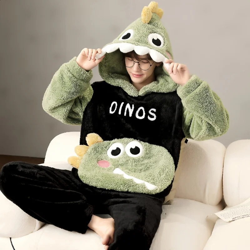 Mens Pajama Set Winter Cartoon Hooded Coral Velvet Pajama Thick Warm Home Set 5XL Large Comfortable Casual Clothing 240830 - view 7