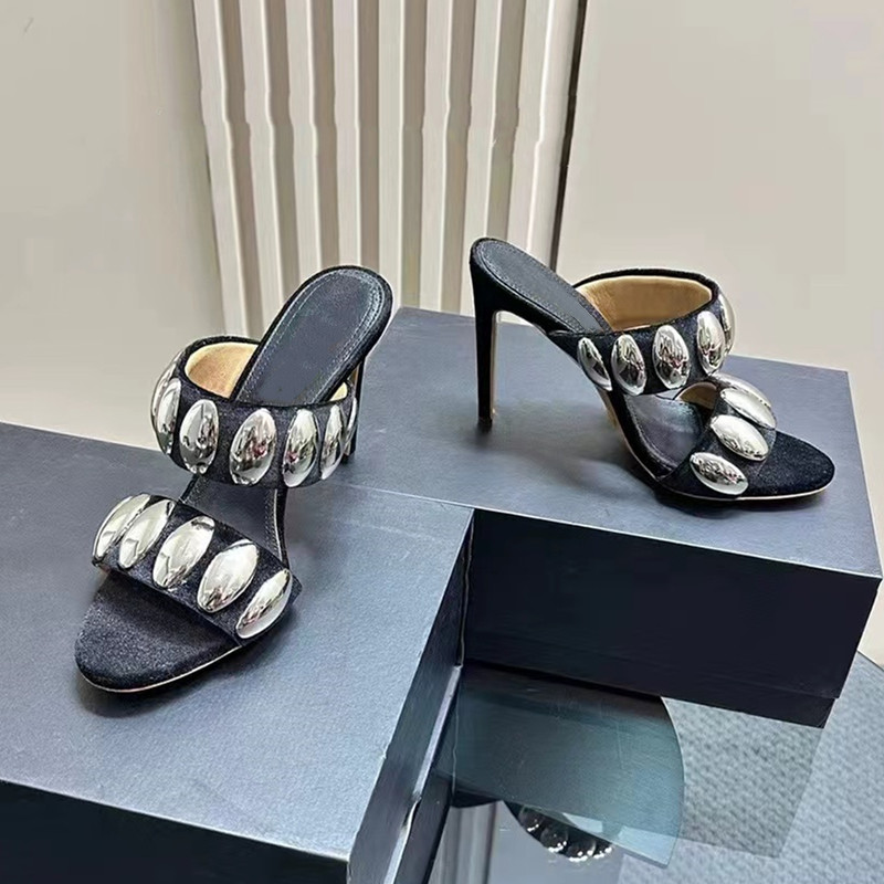 Brand 2024 Summer Metal Decor Women Slippers Sandals Fashion Banquet Rivet Stiletto high Heels Suede Pumps Female Mules Slides f8ef