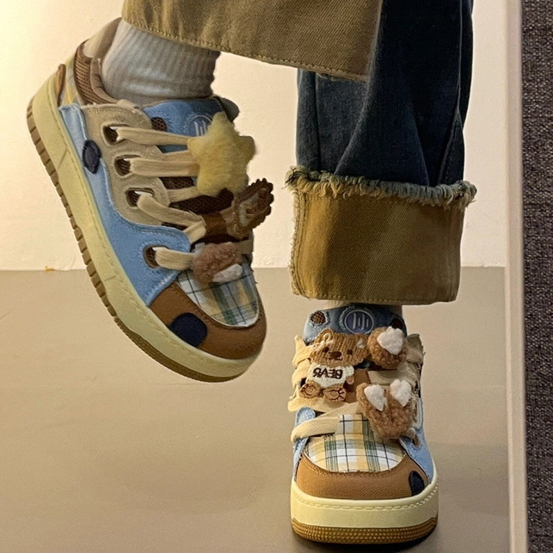 Women's teddy bear color denim patchwork retro casual board shoes