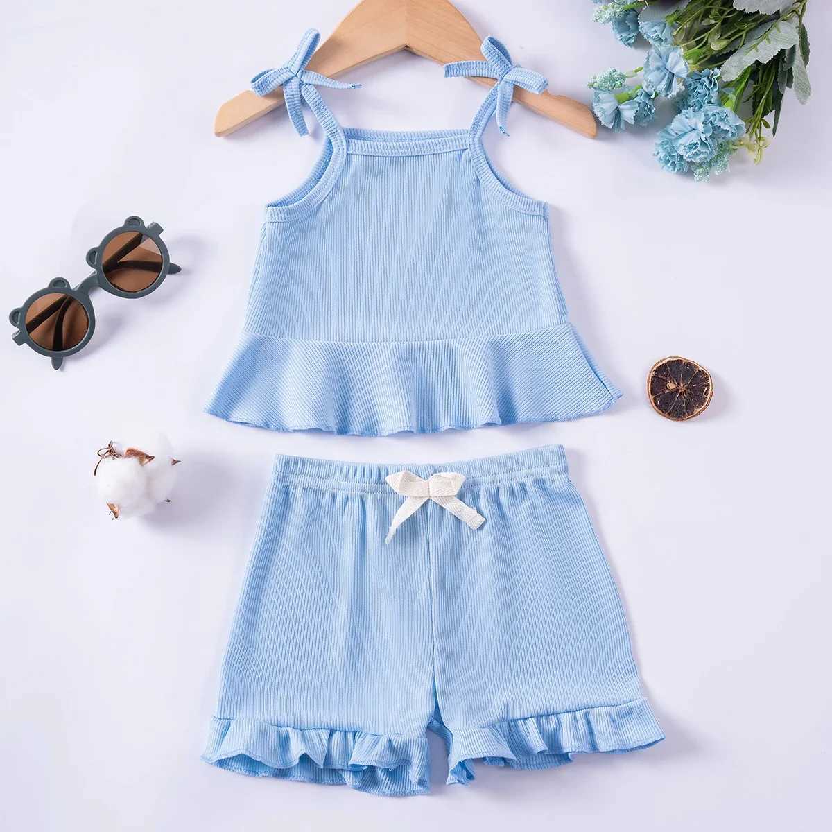 Baby Girl Summer Set 2 Piece Set with Ruffle Edge Sling and Ruffle Edge Shorts Soft Fabric for Going Out Home or Par Wear W250218
