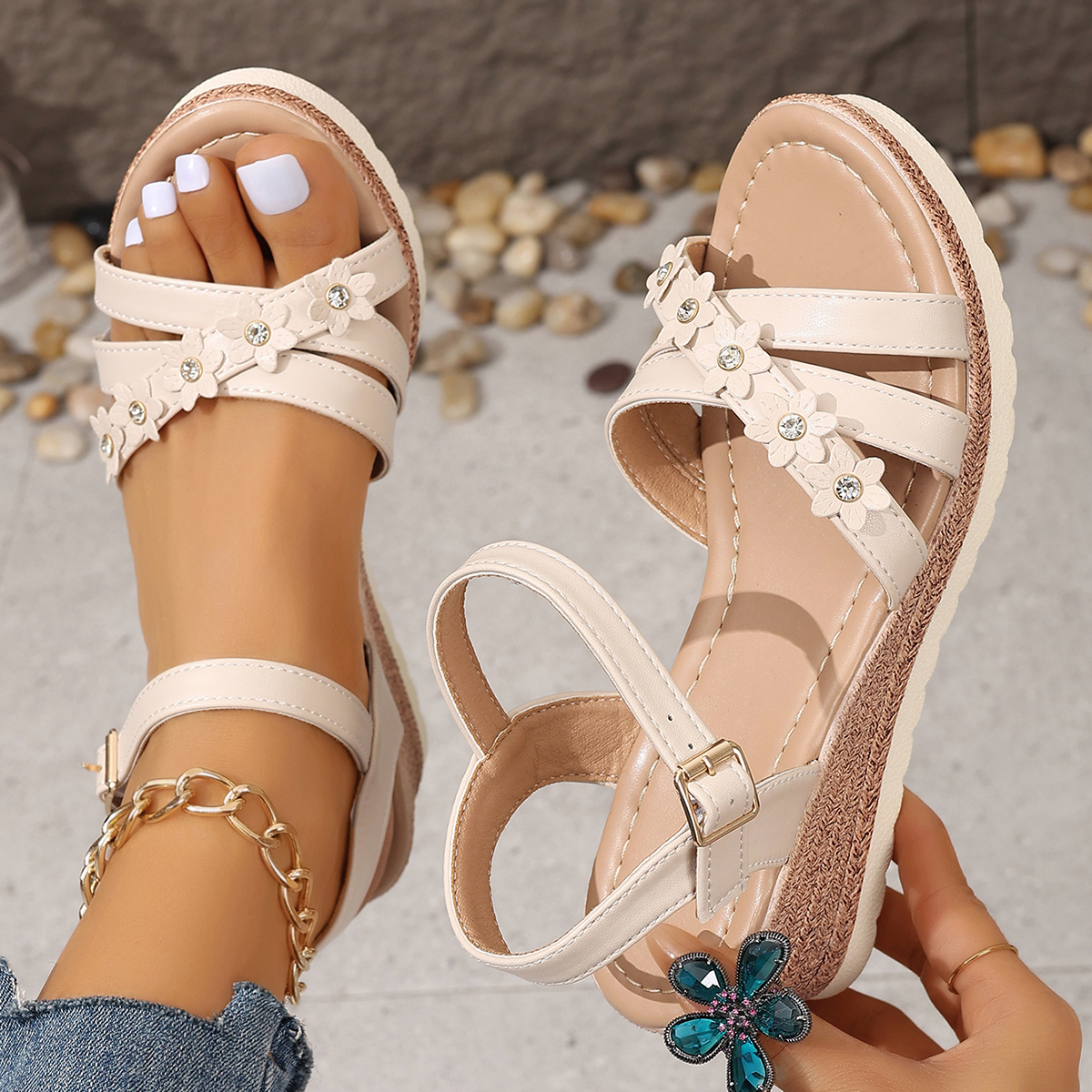 Fashion Flower Decor Women's Wedges Sandals Summer 2024 Ankle Strap Platform Sandles Woman Non Slip Casual Beach Sandalias Mujer