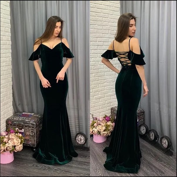 Dark Mermaid Green Prom Dresses Veet Off The Shoulder Spaghetti Straps Or Length Simple Evening Party Gown Formal Ocn Wear
