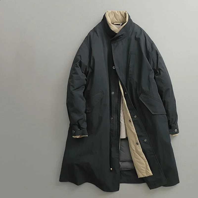 Winter Japanese retro twopiece inner pot Parkas unisex stand up collar long padded jacket Cityboy simple thick 240830