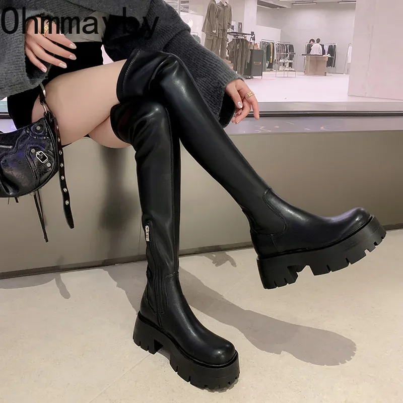 Winter Autumn Stretch Over The Knee Boots Women Fashion Round Toe Square Platform Thick Heels Long Booties d450