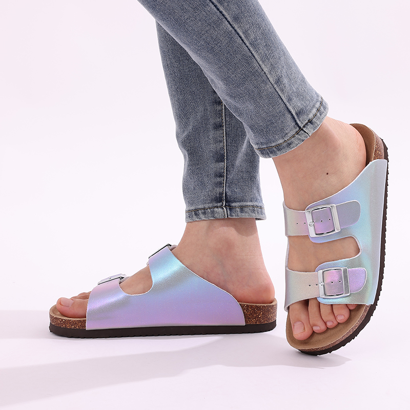 Comwarm New Women's Flat Sandals Summer Cork Slippers For Women Fashion Gradient Sandals Outdoor Beach Shoes With Double Buckle