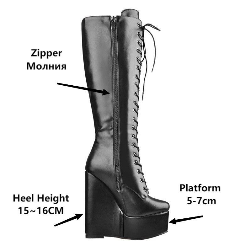 Onlymaker Women Platform Wedge Heels Knee High Lace Up Side Zip Heeled Plus Size Black Handmade Boots