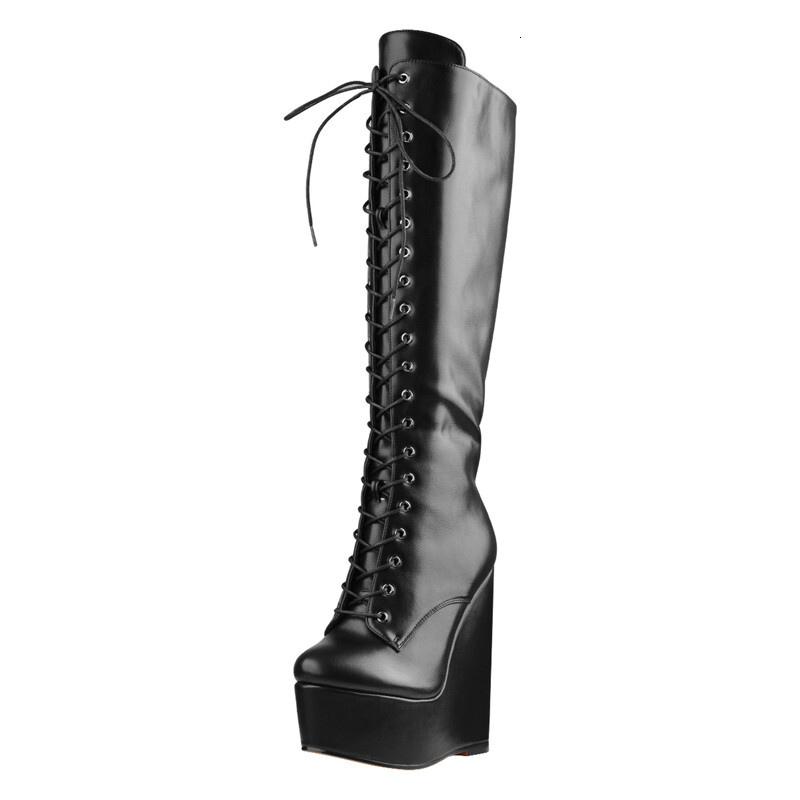 Onlymaker Women Platform Wedge Heels Knee High Lace Up Side Zip Heeled Plus Size Black Handmade Boots