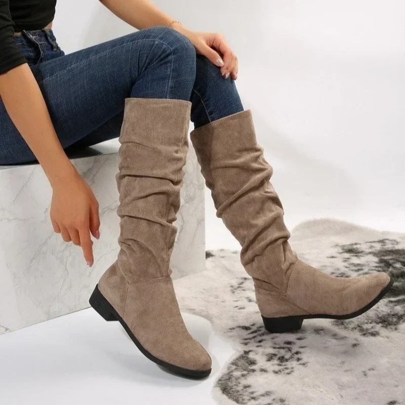 Pleated Women Female Faux Suede Knee High Boots Ladies Autumn Winter Fashion Slip on Square Low Heel Knight Booties Mujer 1b2e