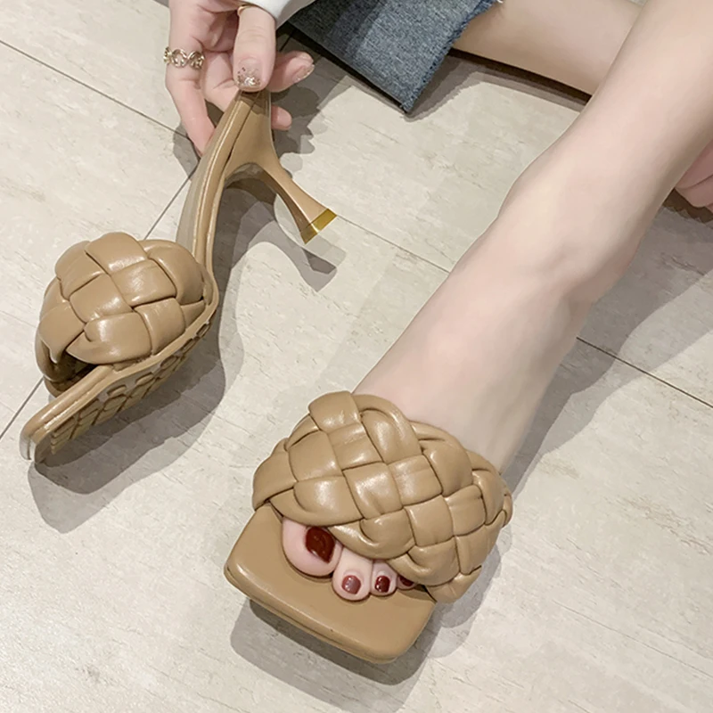 Luxury Slides Women 7cm High Heels Mules Fetish Pumps Individual Weave Leisure Blue Office Ladies Prom Slippers Women's Shoes