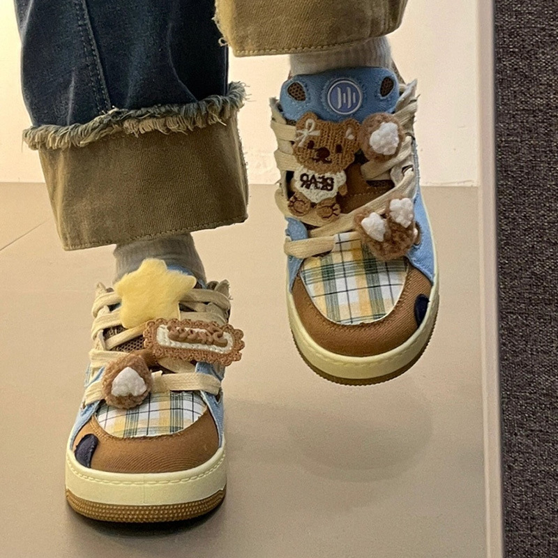 Women's teddy bear color denim patchwork retro casual board shoes
