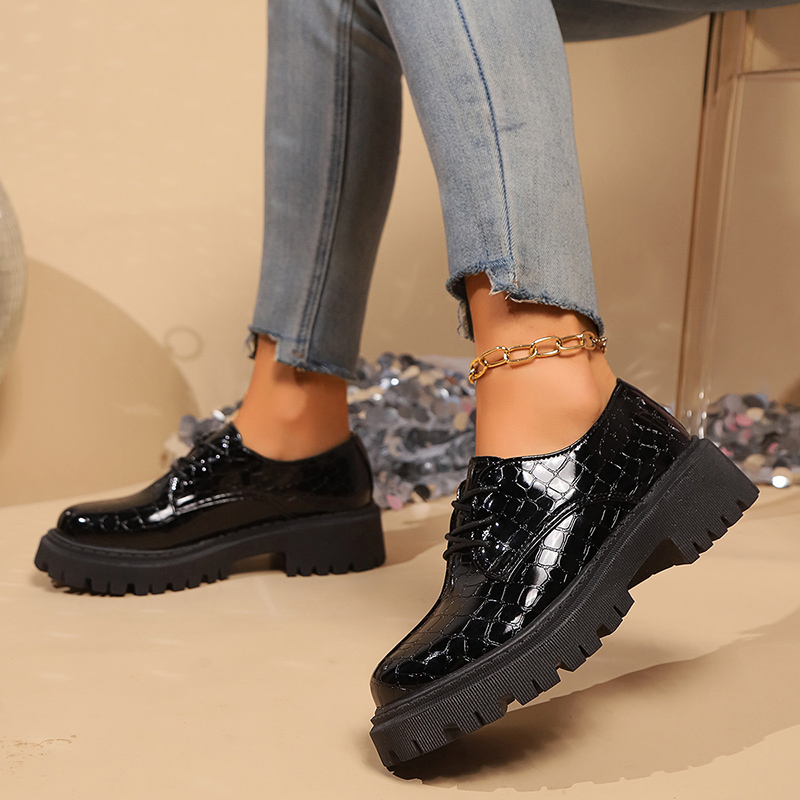 Women's Solid Color Chunky Platform Oxfords Fashion Lace Up Patent Leather Shoes Woman Round Toe Preppy Dressy Shoes Plus Size