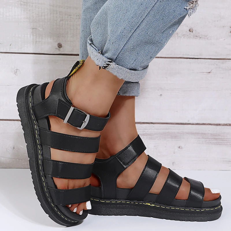 2024 Woman Flats Platform Summer Martens Shoes Soft Leather Casual Open Toe Thick Bottom Wedges Women Sandals