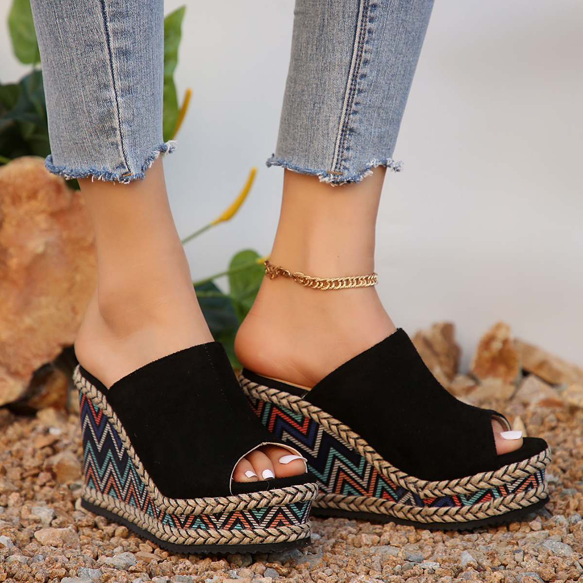 Summer Large Size Women's Sandals House Slippers Wedge Platform Slides Fashion Peep Toe Women Heels Luxury Rome PU Cotton Fabric