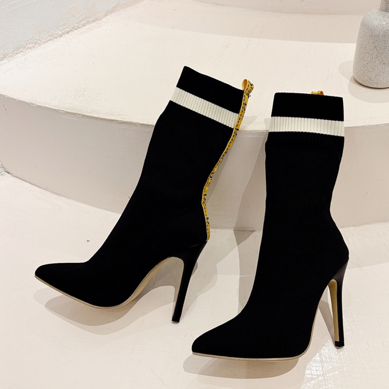 Liyke Autumn Winter Knitting Stretch Fabric Soc Boots Women Sexy Pointed Toe Thin High Heels Shoes Ankle Booties Mujer 4