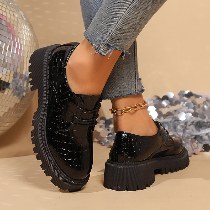 Women's Solid Color Chunky Platform Oxfords Fashion Lace Up Patent Leather Shoes Woman Round Toe Preppy Dressy Shoes Plus Size