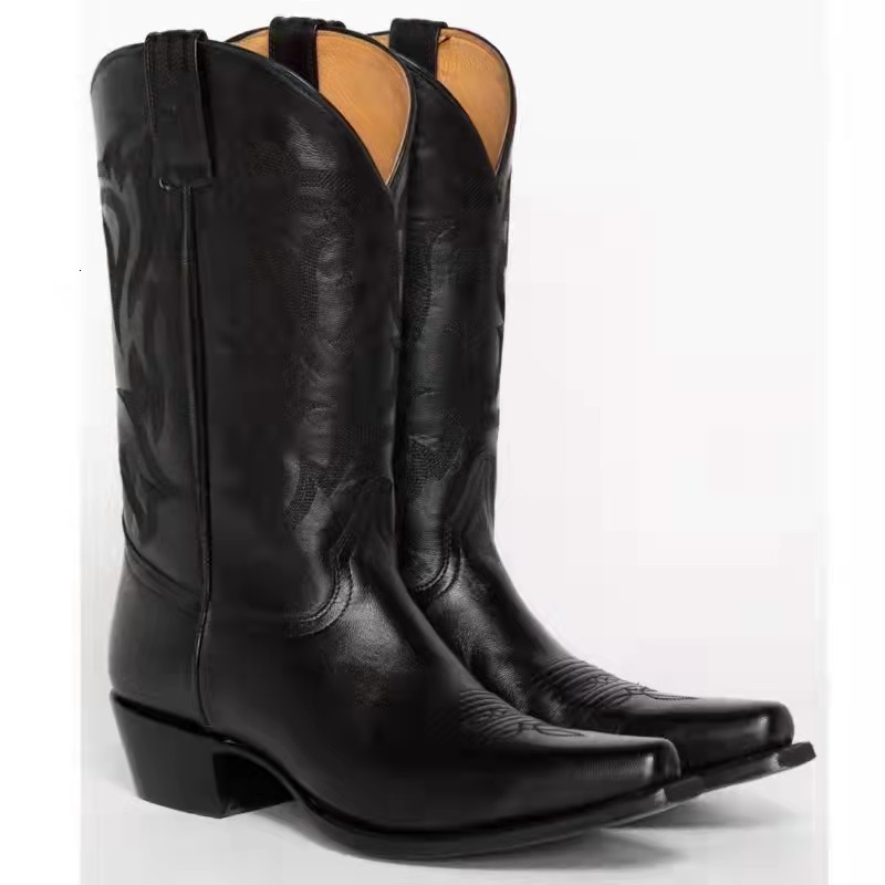 Western Retro Botas Mujer Genuine Leather Black Embroidery Cowboy Pointed Toe Motorcycle Ankle Boots Shoes Woman Big Size