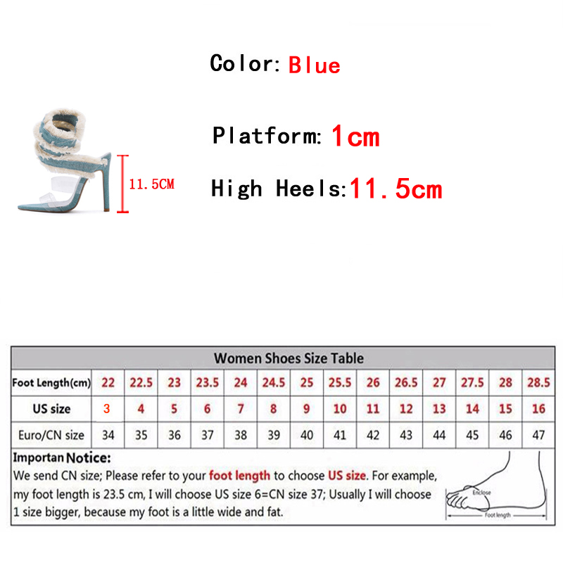 New 2024 Liyke New Design Denim Ankle Snake Surround Strap Sandal Women Transparent PVC Summer High Heels Party Stripper Shoes Pumps 1e25