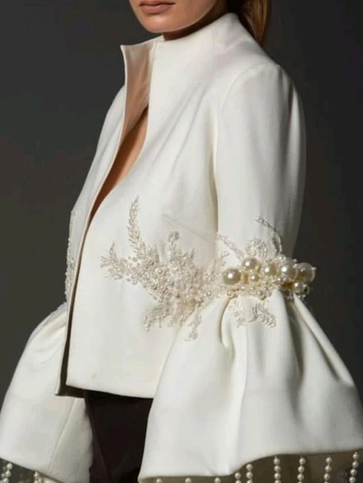 Vintage and elegant stand up collar jacket womens spring pearl trim decoration embroidered flange sleeves party coat evening gown 240830