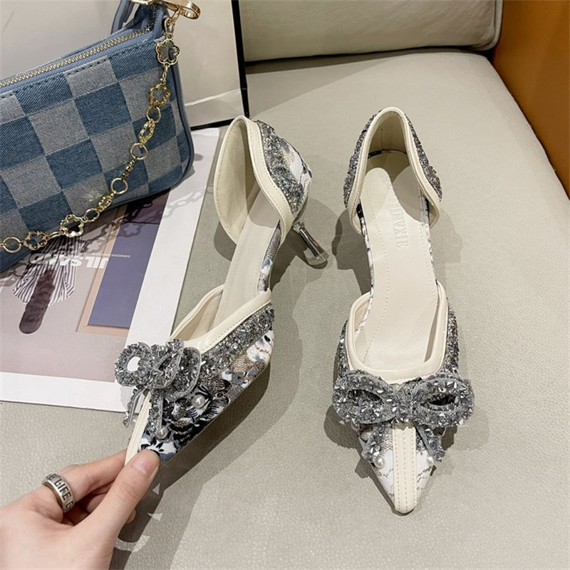 Crystal Pearl Bowtie White Wedding Women 2023 Autumn Brand Designer High Heels Pumps Woman Thin Heeled Party Shoes fb65