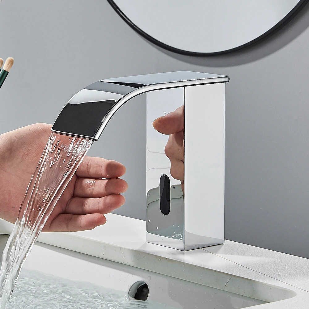 Rozin Black Intelligent Sensor Bathroom Basin Faucet Touchless Automatic Blender Waterfall and Cold Water Crane 240830
