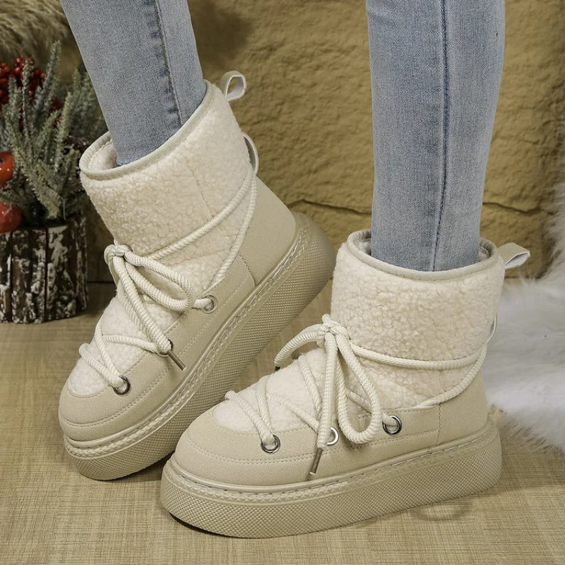 Cold-proof and Warm Winter Ladies Shoes 2024 New Lace Up Design Women’s Platform Boots Waterproof Anti-slip Fashion Short Boots
