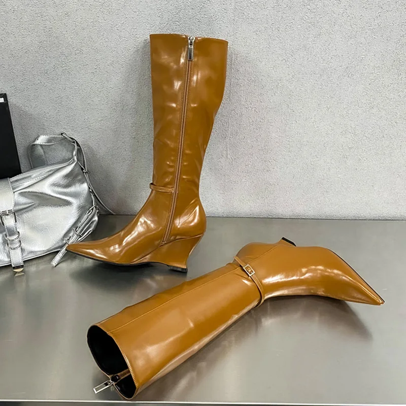 New Design Pointed Toe Zipper Women Knee-High Boots Retro Style Wedges High Heels Shoes Winter Long Booties EU35-40