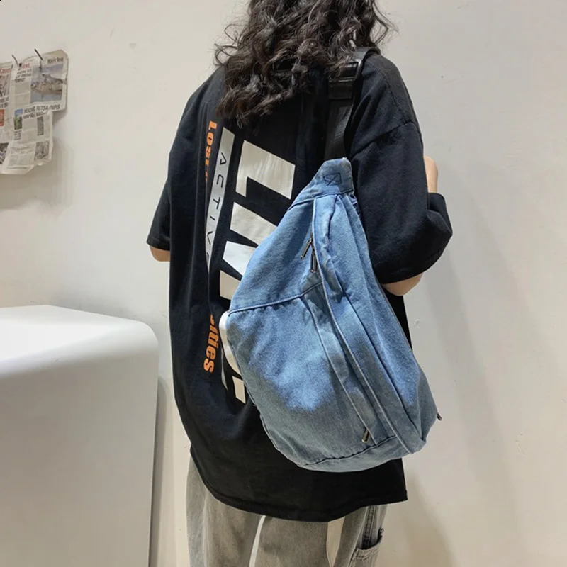 High quality Denim Waist Bag College Style Crossbody Chest Pack Casual Street Fanny Unisex Shoulder Teenager Bags 240830Z