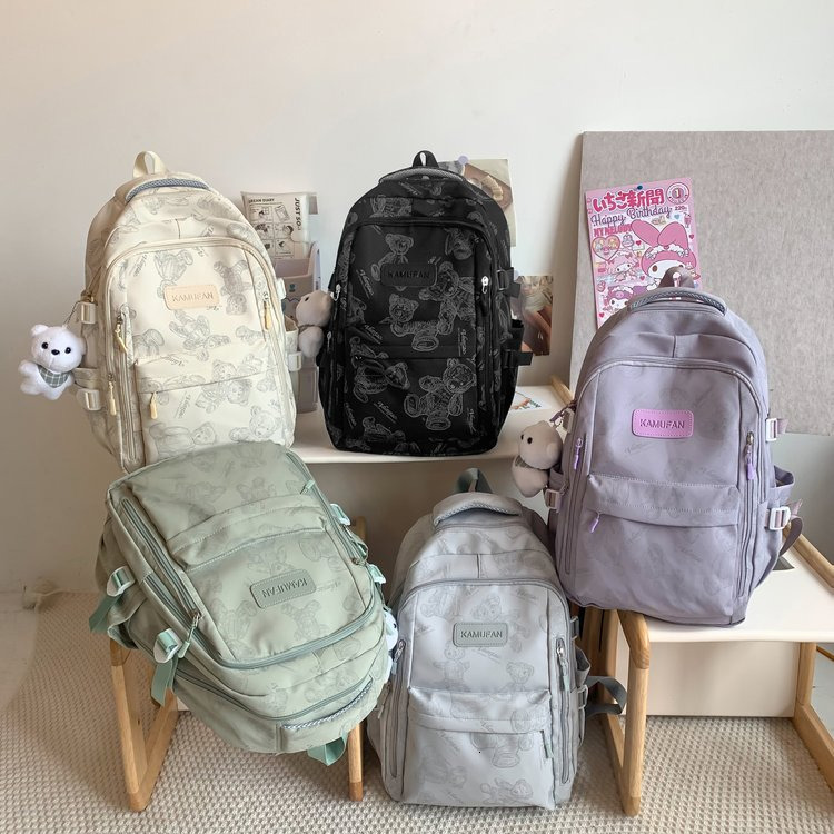 2025S designer Schoolbag female junior high school students simple and versatile printing bear niche design new college student computer backpack tren