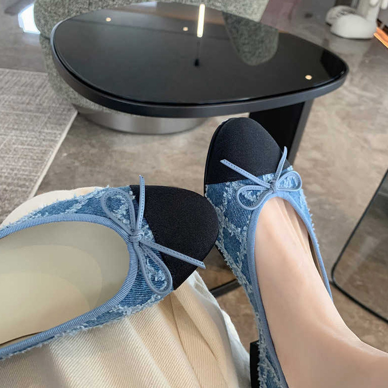 2f2e4 Blue 2023 Designer New jeans bow flat shoes woman round toe cloth patchwork flats plaid sewing moccasins denim loafers for women s