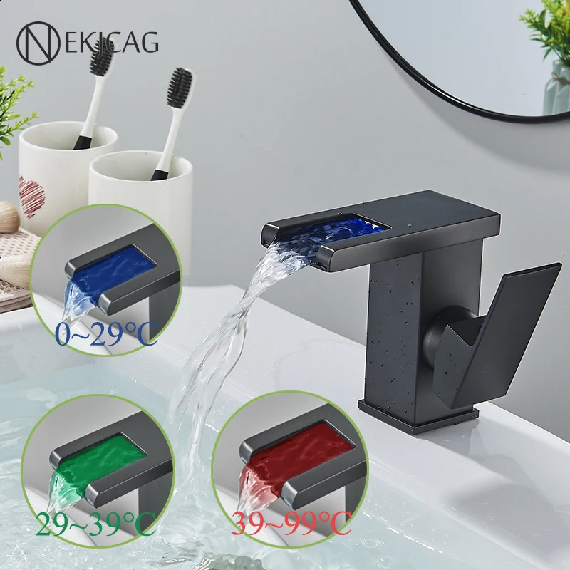 LED bathroom basin faucet waterfall outlet black and cold mixer deck installation crane kitchen sink with light 240830
