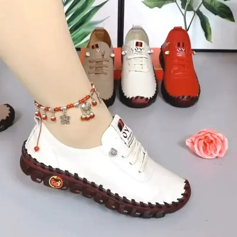 2025 NEW Vintage Women Breathable Shoes Platform Loafers Lace Up Leather Hollow Slip On New Fashion Casual Mom Shoe atos Mujer