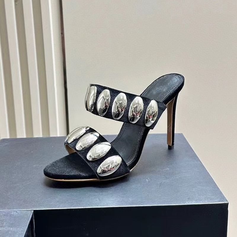 Brand 2024 Summer Metal Decor Women Slippers Sandals Fashion Banquet Rivet Stiletto high Heels Suede Pumps Female Mules Slides f8ef
