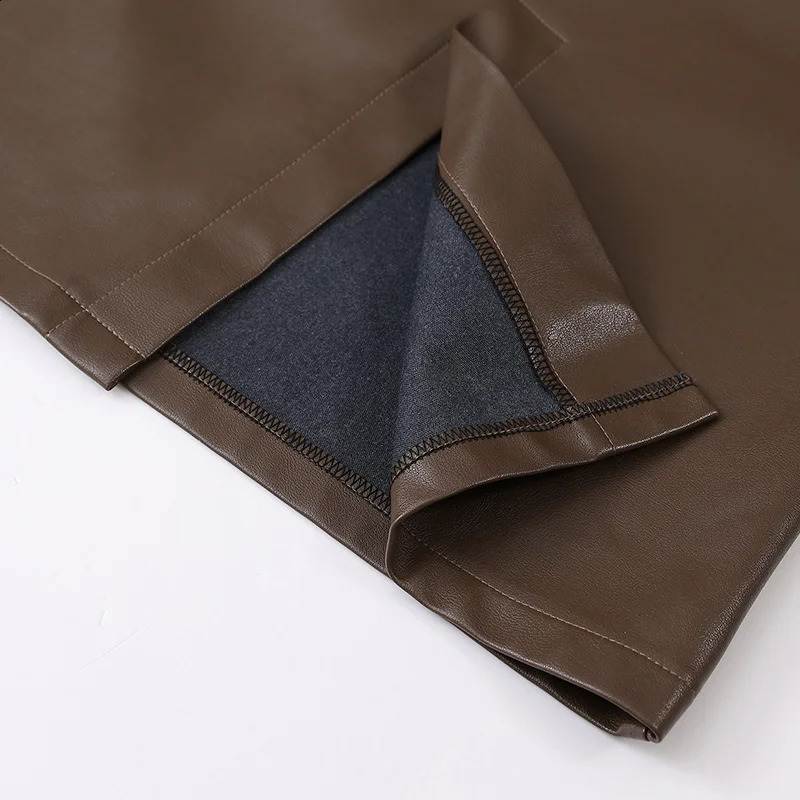ZUZK Women PU Leather Bodycon Skirts Autumn Winter Front Slit High Waist Long Straight Fashion Skirt Pocket Warm Pu Skirt 240830