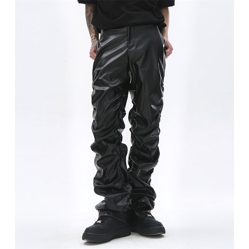 Hip Hop Mens Pleated Pu Leather Pants Harajuku Retro Streetwear Loose Ruched Casual Trousers Straight Solid Color Black Pants 240830